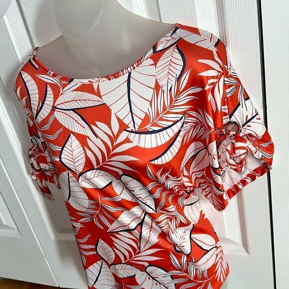Floral Print Orange White Leaf Summer Palm Top Blouse Short Wrapper Small S NWT - Picture 5 of 9